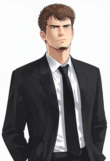 kyle_hyde, smooth anime image, man, brown hair, stubble, gray eyes, upper body, hands in pockets, formal black suit, white collared shirt, black necktie, white background