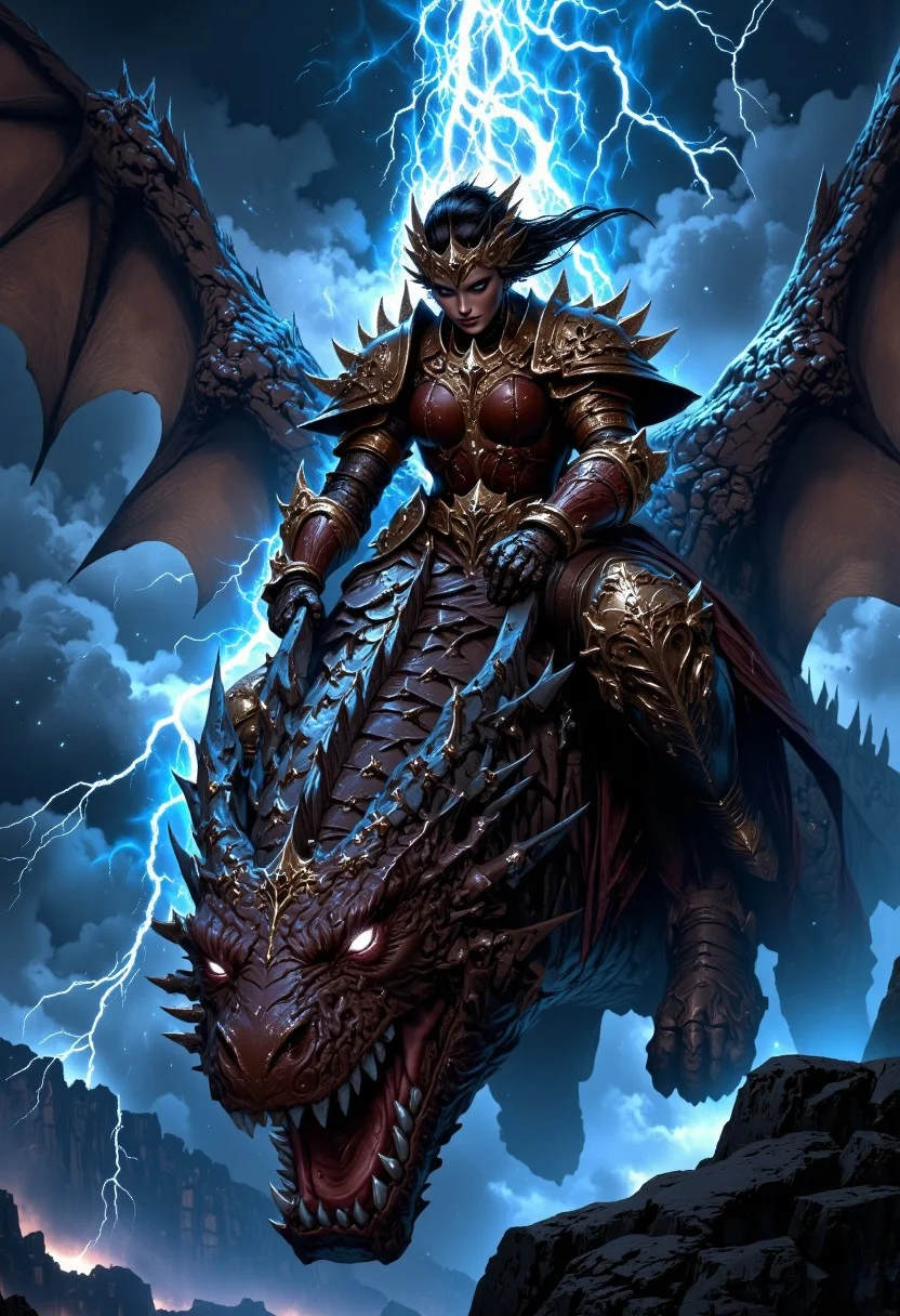 A dragon rider in armor in thunderstorm, riding on a fierce dragon flying through the sky.