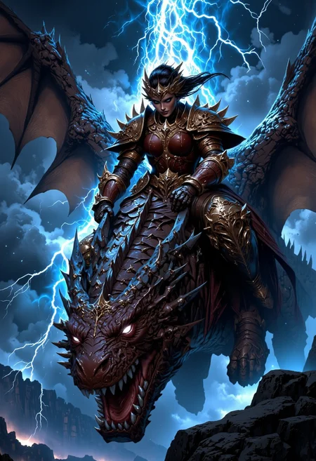A dragon rider in armor in thunderstorm, riding on a fierce dragon flying through the sky.