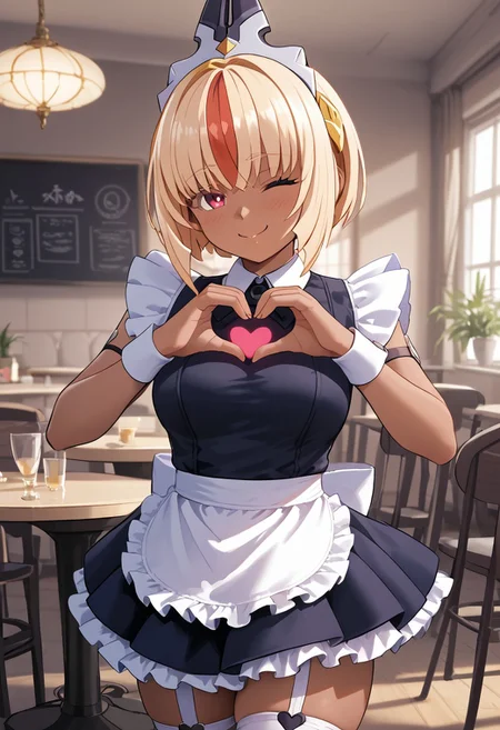score_4,score_5,score_6,score_7_up,score_8_up,score_9 ((masterpiece,best quality,ultra detailed,highres,HD,4k:1.2)), 
1girl, solo,solo focus,girl focus,face focus,
Luxia,dark skin,dark-skinned femalemulticolored hair,blonde hair,short hair,bob cut,sidelocks,hair ornament,head ornament,red eyes,large breast,
Maid outfit,Sleeveless, maid headband, frilly apron,Short sleeves, short skirt, thighs,
inside the cafe, ((Make a heart symbol with both hands, heart with both hands,heart hands,heart symbol,heart,heart effect,)), 
blush,shy,smile,((wink,closed one eye)),
