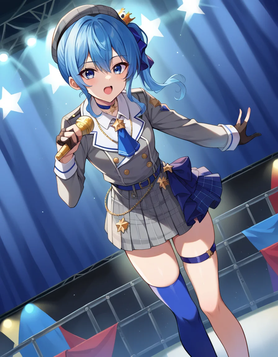score_9, score_8_up, score_7_up, source_anime,
suiseihoshimachi, <lora:suisei-hoshimachi-ponyxl-lora-nochekaiser:1>
suisei hoshimachi, blue eyes, blue hair, choker, hair between eyes, medium hair, side ponytail, star choker,
ascot, asymmetrical legwear, belt, beret, black gloves, blue ascot, blue belt, blue bow, blue choker, bow, buttons, choker, collared shirt, crown, gloves, grey headwear, grey jacket, grey skirt, hat, jacket, jewelry, kneehighs, long sleeves, miniskirt, mismatched legwear, partially fingerless gloves, pendant, plaid, plaid jacket, plaid skirt, shirt, single kneehigh, single sock, skirt, skirt set, socks, star choker, star print, thigh strap, uneven legwear, white shirt,
indoors, stage, stage lighting, microphone, singing, holding microphone, open mouth, bent over,
looking at viewer, dutch angle, cowboy shot,