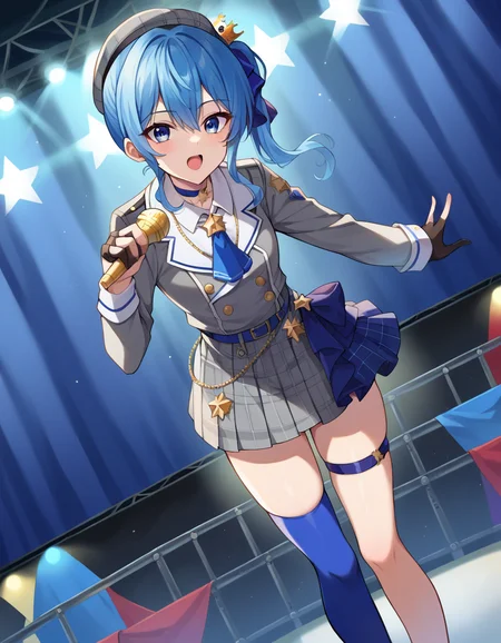 score_9, score_8_up, score_7_up, source_anime,
suiseihoshimachi, <lora:suisei-hoshimachi-ponyxl-lora-nochekaiser:1>
suisei hoshimachi, blue eyes, blue hair, choker, hair between eyes, medium hair, side ponytail, star choker,
ascot, asymmetrical legwear, belt, beret, black gloves, blue ascot, blue belt, blue bow, blue choker, bow, buttons, choker, collared shirt, crown, gloves, grey headwear, grey jacket, grey skirt, hat, jacket, jewelry, kneehighs, long sleeves, miniskirt, mismatched legwear, partially fingerless gloves, pendant, plaid, plaid jacket, plaid skirt, shirt, single kneehigh, single sock, skirt, skirt set, socks, star choker, star print, thigh strap, uneven legwear, white shirt,
indoors, stage, stage lighting, microphone, singing, holding microphone, open mouth, bent over,
looking at viewer, dutch angle, cowboy shot,