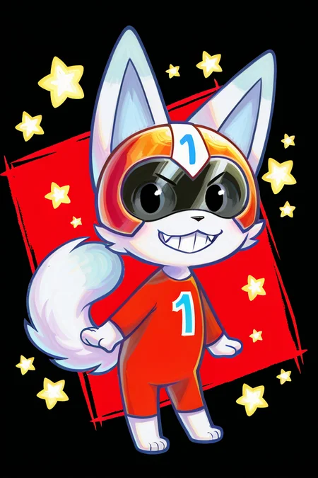kCatIL, white fur, black eyes,, cat,happy, helmet, grin, anthro, furry male, solo, 1boy, full body, sharp eyes, high quality,detailed face, detailed eyes, absurdres,standing,ynistyle, watercolor, fangs, cat, fluffy tail, long fluffy tail, red shirt, looking at viewer, abstract background, stars