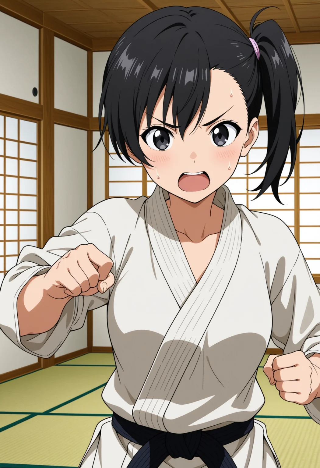<lora:dmd2_sdxl_4step:1>, 1girl, solo, black hair, side ponytail, black eyes, karate gi, medium breasts,  
punch, v-shaped eyebrows, open mouth, sweatdrop,
indoors, dojo, tatami, upper body, 
general, masterpiece, best quality, anime coloring,