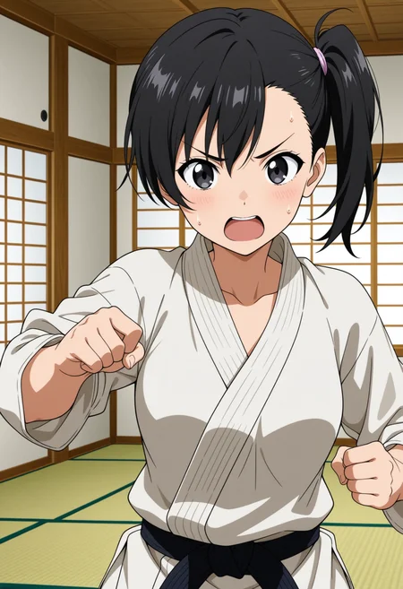 <lora:dmd2_sdxl_4step:1>, 1girl, solo, black hair, side ponytail, black eyes, karate gi, medium breasts,  
punch, v-shaped eyebrows, open mouth, sweatdrop,
indoors, dojo, tatami, upper body, 
general, masterpiece, best quality, anime coloring,