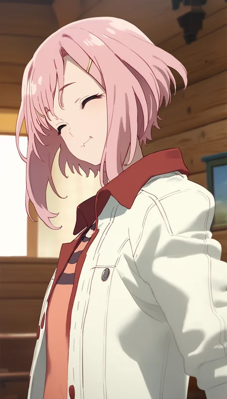 score_9,score_8_up,score_7_up,
<lora:yoshinokoharu:0.9>,
yoshinokoharu,
1girl, solo, pink hair, short hair, bangs, red eyes, closed eyes, pursed lip, happy, white jacket, orange tank top, portrait, face focus,
indoors,wooden interior designs,living room,