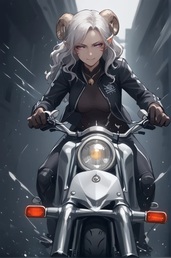 source_furry, score_7_up, rating_safe, source_anime, anime face, <lora:whisker_markings:0.8>red whisker_markings, silver long wavy hair, bell necklace, short pointy ears, purple eyes, <lora:age_slider_v4:0.6>
<lora:Test_Diana:0.9> tiefling_bard_diana:1.3,
frontmotorcycle, motorcycle, motor vehicle, motion line, speed lines, racing, from front, <lora:Tieflingnew weird fantasyDND:0.3><lora:Smooth Style 2 SDXL_LoRA_Pony Diffusion V6 XL:0.3> smile, open eyes, <lora:INKxXmo shaded face:1> Shaded FaceINKxXmo Dark Theme, <lora:On_motorcycle_front:1>