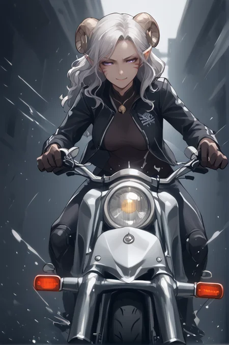 source_furry, score_7_up, rating_safe, source_anime, anime face, <lora:whisker_markings:0.8>red whisker_markings, silver long wavy hair, bell necklace, short pointy ears, purple eyes, <lora:age_slider_v4:0.6>
<lora:Test_Diana:0.9> tiefling_bard_diana:1.3,
frontmotorcycle, motorcycle, motor vehicle, motion line, speed lines, racing, from front, <lora:Tieflingnew weird fantasyDND:0.3><lora:Smooth Style 2 SDXL_LoRA_Pony Diffusion V6 XL:0.3> smile, open eyes, <lora:INKxXmo shaded face:1> Shaded FaceINKxXmo Dark Theme, <lora:On_motorcycle_front:1>