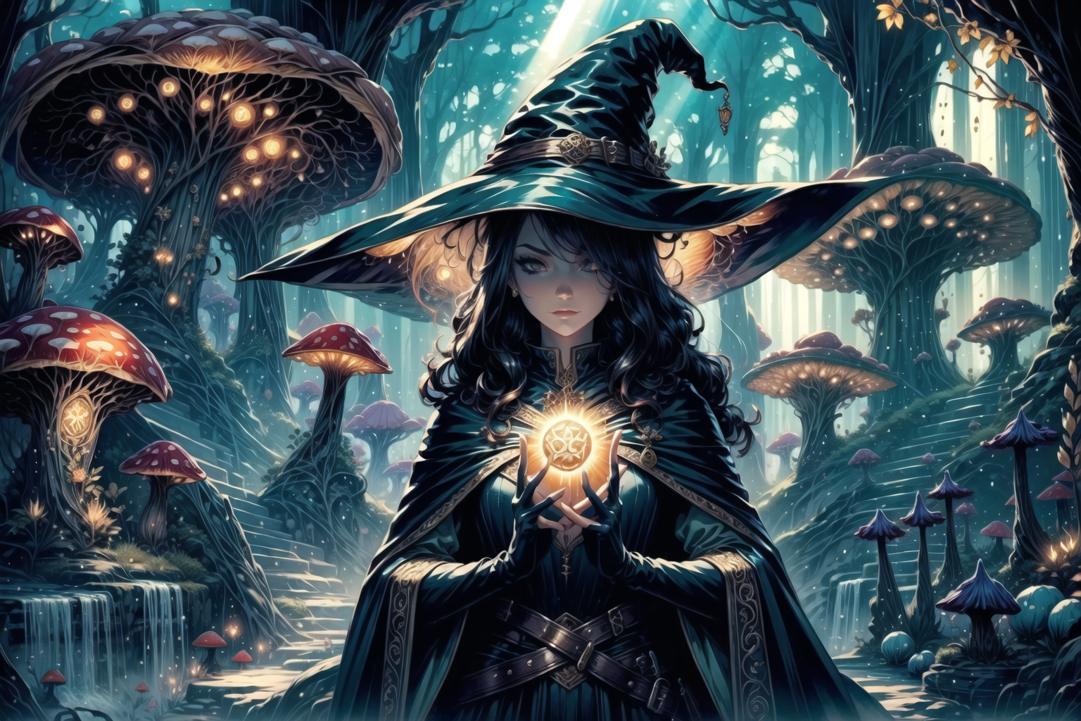 <lora:FeyAndFairies:1> FeyFa, sinister fantasy, scene, forest, river, huge mushrooms, sun rays,  <lora:Fantasy_Classes_SD:1> fantasy class, witch, witch hat, cape, gloves, tunic, thighhigh boots, best quality, masterpiece, <lora:more_details:0.65>, 1girl, solo