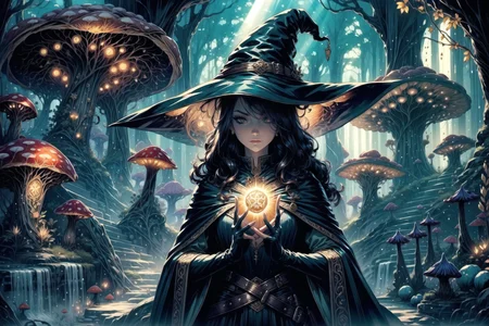 <lora:FeyAndFairies:1> FeyFa, sinister fantasy, scene, forest, river, huge mushrooms, sun rays, <lora:Fantasy_Classes_SD:1> fantasy class, witch, witch hat, cape, gloves, tunic, thighhigh boots, best quality, masterpiece, <lora:more_details:0.65>, 1girl, solo