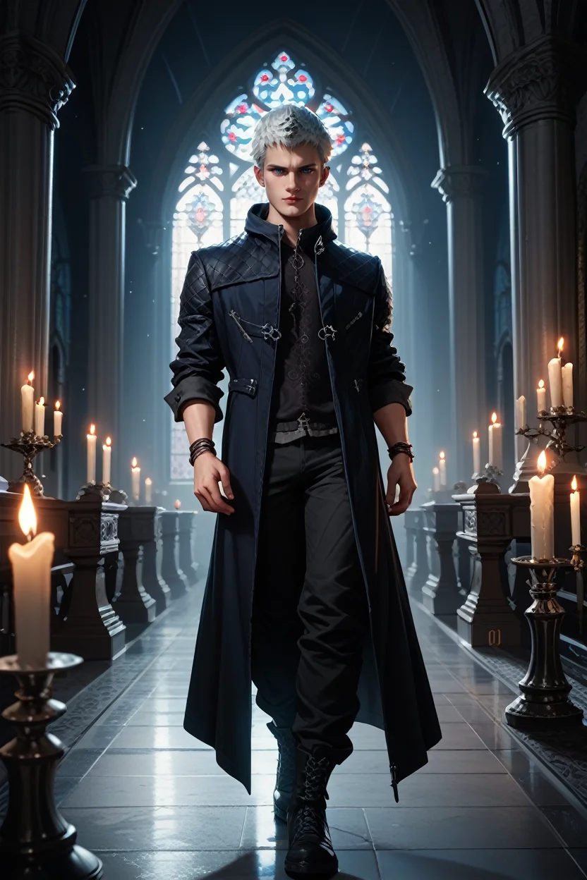 score_9, score_8_up, score_7_up, score_6_up
<lora:DMC5Nero:1.0>
DMC5Nero, 1boy, white hair, short hair, blue eyes, looking at viewer, Gothic cathedral interior with candlelight, dynamic lighting, mysterious and dark, standing, full body