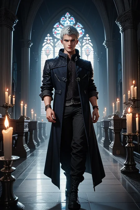 score_9, score_8_up, score_7_up, score_6_up
<lora:DMC5Nero:1.0>
DMC5Nero, 1boy, white hair, short hair, blue eyes, looking at viewer, Gothic cathedral interior with candlelight, dynamic lighting, mysterious and dark, standing, full body