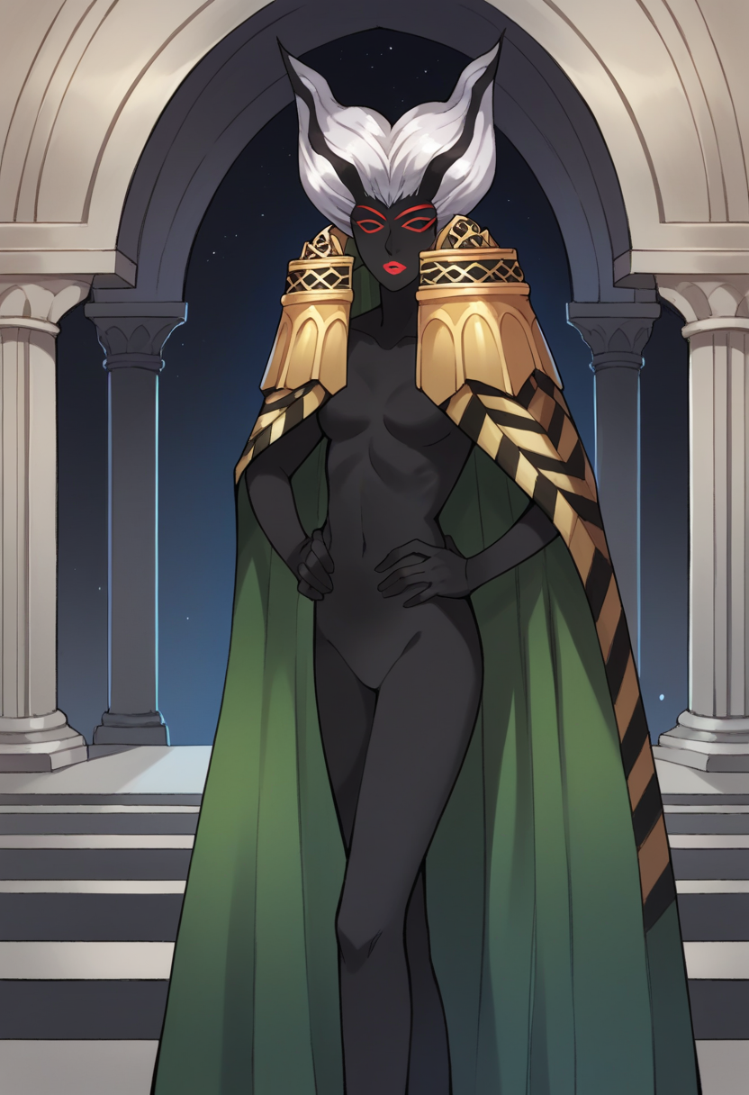 score_9, score_8_up, score_7_up, source_anime BREAK 1girl, solo,
 <lora:zs_SkadiXL:1> skadismt, colored skin, black skin, multicolored hair, white hair, black hair, lipstick, makeup, cape, epaulets, 
cowboy shot, inside ruins, dark, night, torches, hands on hips
