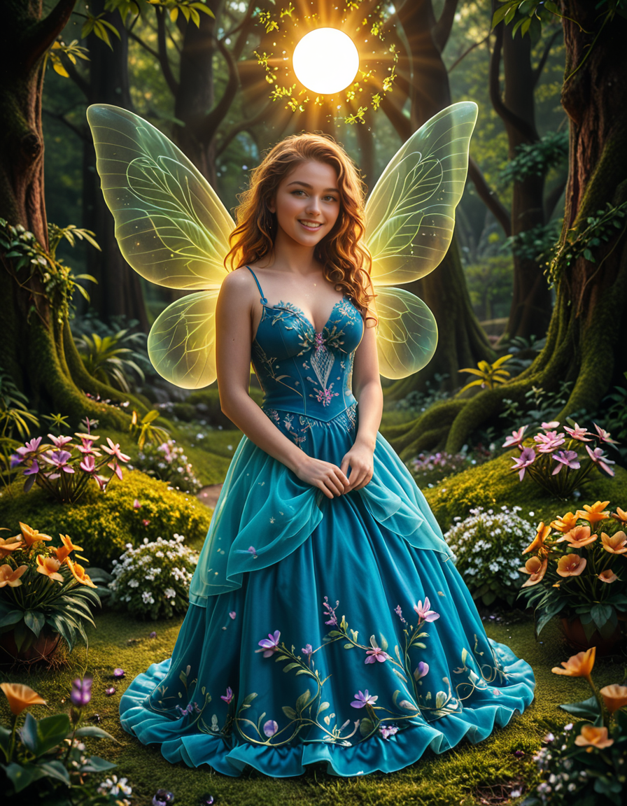 A graceful fairy woman sitting elegantly in front of an enchanted forest,3nch4nt3d f0r3st. She has delicate, shimmering translucent wings that catch the light, creating a soft iridescent glow. Her flowing dress is a pastel pink adorned with intricate floral patterns, appearing almost as if itâs made from petals. Her posture is relaxed yet regal, with one hand gently resting on her lap and the other lightly holding a small glowing orb. Her long, wavy hair cascades down her back in soft golden locks, with small flowers woven into it. Her expression is serene and slightly wistful, with a warm, gentle smile.
The enchanted forest behind her is mystical and vibrant, with towering ancient trees whose twisted branches are illuminated by bioluminescent plants. Soft golden and purple light filters through the dense foliage, giving the scene an otherworldly atmosphere. Tiny glowing fireflies float around her, adding to the magical ambiance. The ground is covered in lush moss and scattered with colorful, luminous mushrooms. The overall lighting is soft and dreamy, with a subtle pink and purple hue blending harmoniously with the fairyâs attire. This scene evokes a feeling of peace, wonder, and enchantment.<lora:SDXLFaeTastic2400:0.4> <lora:extremely_detailed:0.4> extremely detailed, <lora:3nch4nt3d_f0r3st:1>, Masterpiece,best quality,hi res,8k,hi res,8k,award winning,(sharp focus, intricate, highly detailed),