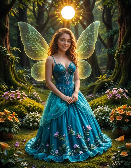 A graceful fairy woman sitting elegantly in front of an enchanted forest,3nch4nt3d f0r3st. She has delicate, shimmering translucent wings that catch the light, creating a soft iridescent glow. Her flowing dress is a pastel pink adorned with intricate floral patterns, appearing almost as if itâs made from petals. Her posture is relaxed yet regal, with one hand gently resting on her lap and the other lightly holding a small glowing orb. Her long, wavy hair cascades down her back in soft golden locks, with small flowers woven into it. Her expression is serene and slightly wistful, with a warm, gentle smile.
The enchanted forest behind her is mystical and vibrant, with towering ancient trees whose twisted branches are illuminated by bioluminescent plants. Soft golden and purple light filters through the dense foliage, giving the scene an otherworldly atmosphere. Tiny glowing fireflies float around her, adding to the magical ambiance. The ground is covered in lush moss and scattered with colorful, luminous mushrooms. The overall lighting is soft and dreamy, with a subtle pink and purple hue blending harmoniously with the fairyâs attire. This scene evokes a feeling of peace, wonder, and enchantment.<lora:SDXLFaeTastic2400:0.4> <lora:extremely_detailed:0.4> extremely detailed, <lora:3nch4nt3d_f0r3st:1>, Masterpiece,best quality,hi res,8k,hi res,8k,award winning,(sharp focus, intricate, highly detailed),