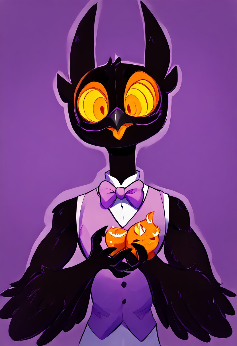 Barnaby, 1boy, yellow eyes, orange sclera, black body, long neck, feathers, bird feet, winged arms, bird tail, black beak, purple vest, sleeveless, purple bowtie, orange tongue, avian, furry, anthro, ghost, owl, spirit, digitigrade, no humans, perfect anatomy, solo, (insanely detailed, beautiful detailed face, masterpiece, cinematic lighting, detailed hands, detailed face, best quality), (sharp), score_9_up, score_8_up, score_7_up, score_6_up, highest quality, 8K, RAW photo, source_anime, perfect face, perfect hands, upper body, diives