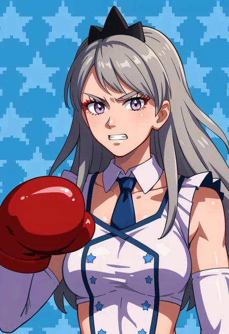 source_cartoon:0.75, source_anime:0.25, eri_pokemon, grey_hair, long_hair, grey_eyes, necktie, detached_sleeves, detached_collar, buttons, tiara, shorts super_punch_out_portrait, star_patterned_background, boxing glove, white boxing glove, 1girl, tank top, yellow eyes, clenched teeth, toned, fighting stance
