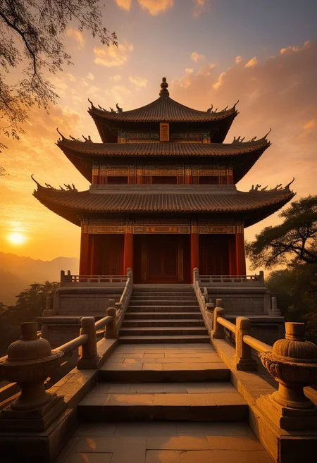 Altar and Temple Architecture: An illustrative depiction of a traditional Chinese altar or temple,a testament to China's deep-rooted cultural heritage,under the serene backdrop of a setting sun.,
The image presents a well-preserved altar or temple,a symbol of ancient Chinese architecture,standing in its full glory against the warm,golden light of the sunset. The structure,with its sweeping roof,intricate carvings,and balanced proportions,is bathed in the soft glow of the declining day,highlighting the temple's historical and spiritual significance.,
The temple's silhouette is accentuated by the sunset,creating a striking contrast between the ancient stonework and the vibrant sky. The scene evokes a sense of reverence and tranquility,encapsulating the essence of China's architectural and cultural legacy.,
This portrayal captures the timeless beauty of altar and temple architecture in China,with the sunset serving as a metaphor for the enduring spirit of Chinese tradition and the passage of time. The image conveys a deep appreciation for the artistry and craftsmanship of ancient Chinese builders,and the enduring relevance of these sacred structures in contemporary society.,