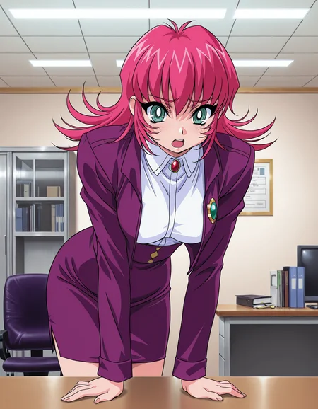 <lora:viper-f40-illustrious-000012:0.75> raika, brooch, purple jacket, white shirt, purple skirt
1girl, solo, desk, open mouth, furrowed brow, hand on table, leaning forward, indoors, office