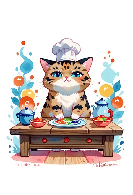 score_7_up, score_8_up, score_9, (full body:1.15), cat, animal kitten, chibi animal cat, Kus1cat, Chibi Art Style, furr,
cute cat, game character, very cute, chef, watercolor style,
(Wooden table with colorful tablecloths detailed background:1.19), HQ,