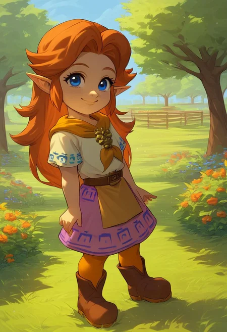 (((score_9, score_8_up, score_8, solo, female, malon, short sleeves, boots, belt, malon dress, purple skirt, brown belt, yellow neckerchief, orange long stockings, female, cute, cub, young cub, young))), (((eye lashes, brown hair, blue eyes))), (masterpiece, best quality, hires, high resolution:1.2), rating_safe, detailed background, (((garden, tree, outdoors, grass, orange long stockings))), (((smile, suggestive, looking at viewer))) (((laying on grass, side, orange long stockings})), (((female, solo))),