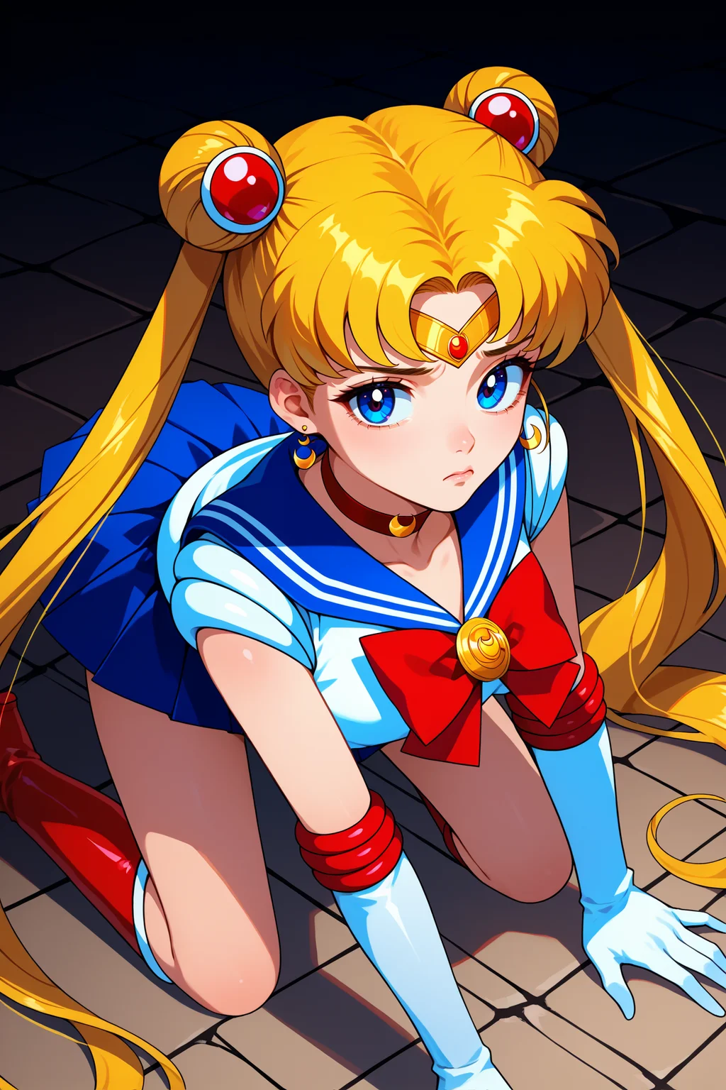 score_9, score_8_up, score_7_up, score_6_up, source_anime, 1girl, solo, <lora:sailormoon-pdxl-nvwls-v1_1-000005:1> slrmn, twintails, double bun, blonde hair, blue eyes, very long hair, parted bangs, hair ornament, crescent earrings, red choker, blue sailor collar, red bowtie, brooch, white leotard, white shirt, sleeveless, blue skirt, red boots, white gloves, elbow gloves, magical girl, all fours, sad, from above, looking at you, stone floor