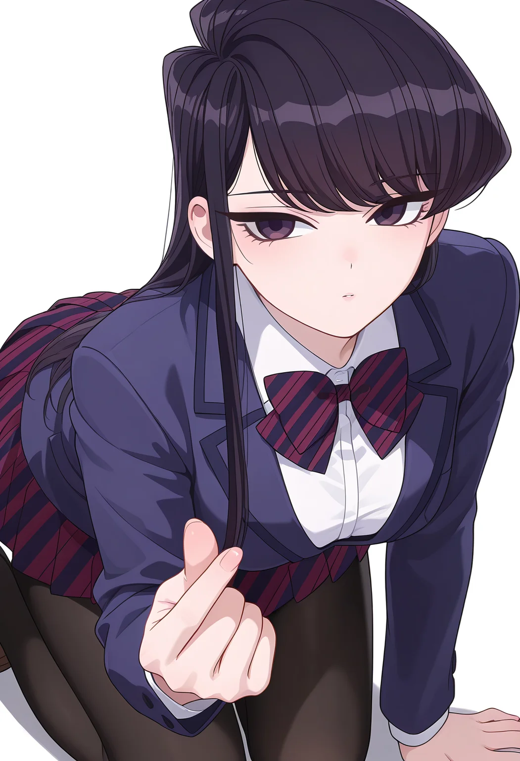 Smooth Quality,masterpiece,very intricate, high quality details, ultra realistic, high detailed skin,detailed enviorement,
simple background, white background,
finger heart,kneeling, one hand on ground, reaching forward, focused, tense, ,
<lora:Komi_Shouko_cnn:0.8>
komi shouko, 1girl,black hair, long hair, bangs, purple eyes,
school uniform, white shirt,striped bowtie,striped skirt, pleated skirt, jacket,black pantyhose,
