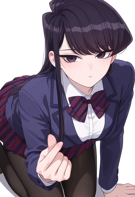 Smooth Quality,masterpiece,very intricate, high quality details, ultra realistic, high detailed skin,detailed enviorement,
simple background, white background, 
finger heart,kneeling, one hand on ground, reaching forward, focused, tense,  ,
 <lora:Komi_Shouko_cnn:0.8>
komi shouko, 1girl,black hair, long hair, bangs, purple eyes, 
school uniform, white shirt,striped bowtie,striped skirt, pleated skirt, jacket,black pantyhose,