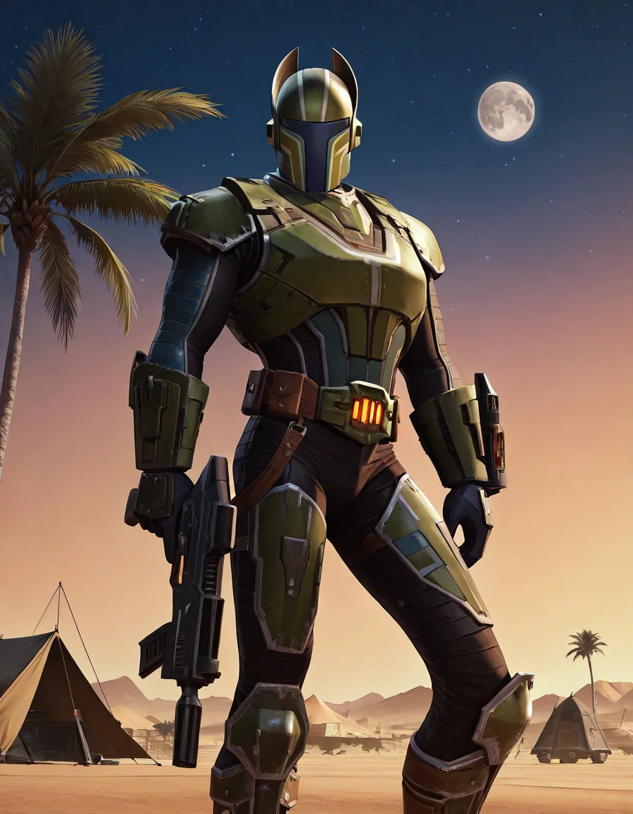 masterpiece, best quality, newest, perfect quality, intricate details, detailed background, male focus, realistic, solo, <lora:SWTOR - Rass Ordo - Illustrious-000005:0.7> rass_ordo, 1boy, mature male, helm, breastplate, shoulder armor, body suit, wrist bracers, gloves, belt, pants, armored knee boots, looking at viewer, contrapposto, outdoors, holding energy rifle, desert, palm trees, large building, tent, evening, stars, moon, spacecraft, spaceship
