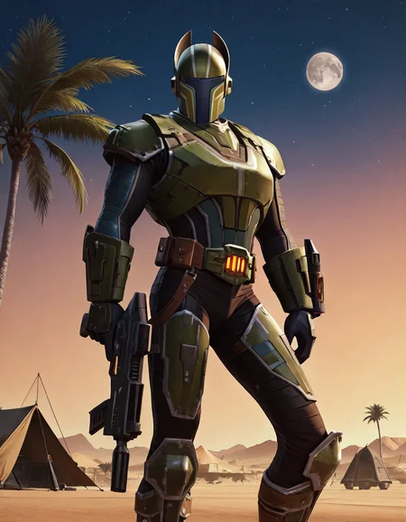 masterpiece, best quality, newest, perfect quality, intricate details, detailed background, male focus, realistic, solo, <lora:SWTOR - Rass Ordo - Illustrious-000005:0.7> rass_ordo, 1boy, mature male, helm, breastplate, shoulder armor, body suit, wrist bracers, gloves, belt, pants, armored knee boots, looking at viewer, contrapposto, outdoors, holding energy rifle, desert, palm trees, large building, tent, evening, stars, moon, spacecraft, spaceship