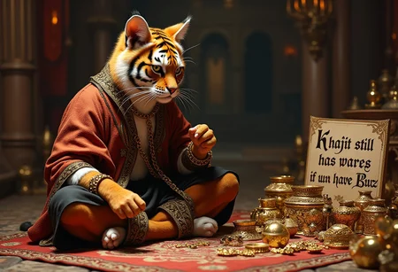 breathtaking photography, masterpiece of art, highest quality, 32k, intricate details, realistic fur texture, imagine a bustling mediaval market with an arab atmosphere where a rough but goodhearted and refined but battle-hardened cat male human furry anthro hybrid with a tiger housecat fur pattern in expensive gold-rimmed and finely patterned tunic clothing and jewelry is sitting on a masterwork patterned arabian carpet between piles and piles of fine antique golden artifacts and neatly arranged jewelery gemstone trinkets that he is selling. He is angling a sparkling chain from his hand, studying it. There is a sign propped up in the foreground that has "Khajit still has wares if you have Buzz" in a gothic typeface written on it.