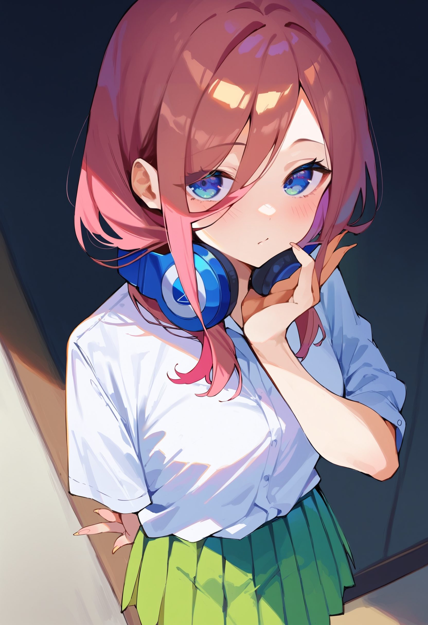 score_9, score_8_up, score_7_up, score_6_up, source anime,
ukimpnxl, nakano miku, headphones around neck, 1girl, blue eyes, hand up, 3fingers raised, arm behind back,
delicate fingers, fingernails, foreshortening,
green pleated skirt, white shirt, collared shirt, indoors, blush, from above,
masterpiece, best quality, very aesthetic, absurdres
<lora:quintessential_quintuplets:1>