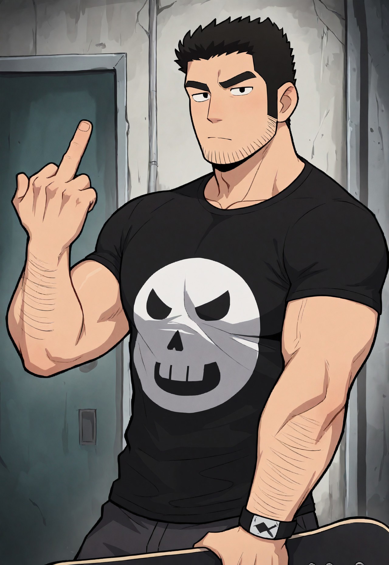 masterpiece, best quality, amazing quality, very aesthetic, absurdres, newest, detailed background, tucas, 1boy, solo, lucas, black hair, sideburns, stubble, (holding skateboard:1.2), middle finger, black shirt, close-up