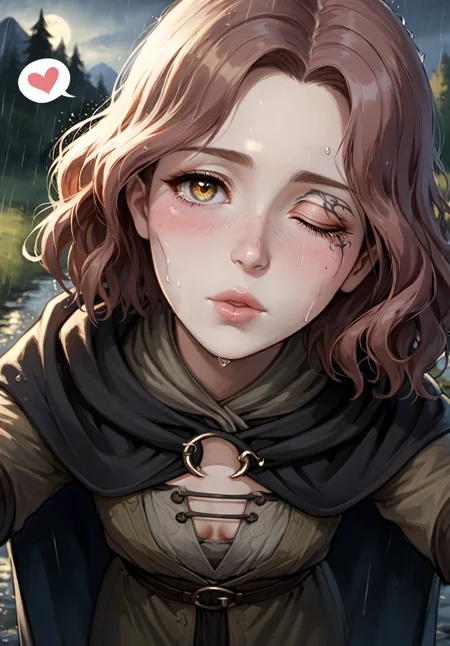 score_9, score_8_up, score_7_up, (masterpiece, best quality, highres:1.2), (intricate and beautiful:1.2), (beautiful detailed eyes:1.2), detailed light, (soft lighting, side lighting, reflected light), (upper body portrait), (centered), (award winning composition), light freckles, (skindentation), (lustrous skin), fantasy, medieval, 
1girl, female focus, imminent_kiss, incoming kiss, POVkiss, lips,  pov, 1woman, incoming_kiss, detailed eyes, blush, lips, depth_of_field, solo focus, blurry_background, imminent_kiss, <lora:CONCEPT_POVincoming_kiss_Request:0.6>, small breasts, 
<lora:Melina_pdxl_Incrs_v2:1>, IncrsMelina, scar across eye, facial tattoo, one eye closed, brown hair, medium hair, yellow eyes, black cloak, hooded cloak, hood down, grey dress,cape, freckles, raining, leaning forward, head tilt, blushing, embarrassed, lips focus, (puckered_lips:1.2), looking at viewer, tearing up, foreshortening, half-closed_eyes, cute girl, spoken_heart, nose blush, kissing, french_kissing, Male_POV, at night, camp fire, sweating, dripping, wet, cleavage, looking at camera, tears, flustered, cleavage,