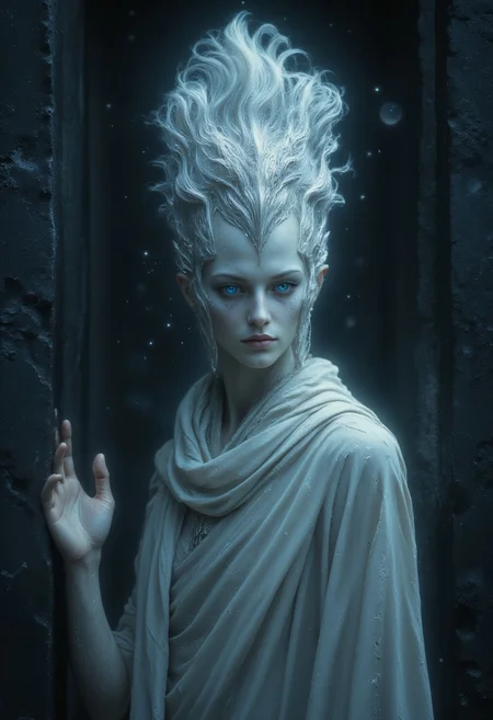 Gorgeous Galactic, Ethereal female figure with luminescent alabaster skin that seems to capture and reflect moonlight like living opal, impossibly large iridescent eyes that shimmer with an otherworldly sapphire glow. Delicate features framed by flowing platinum-white hair that moves like silk in the night breeze. Petite yet graceful form draped in diaphanous robes that blend with the mist. Standing before ancient weathered stone walls, her presence bridges the mortal and spirit realms. Hyperrealistic digital painting, mystical atmosphere, moonlit night, volumetric fog, cinematic lighting.