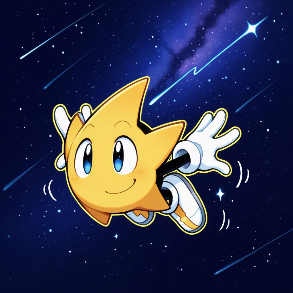 score_9, score_8_up, score_7_up, score_6_up,masterpiece,highly detailed,simple colors,1boy,ristar,white gloves, white shoes, white shoes with yellow lightning logo, flying, shooting star pose, stretchy arms, arms stretched out behind,grabbing,stars,nightsky,milky way,glowing outline, yellow outline,motion lines,smiling,hands by feet,thick outline