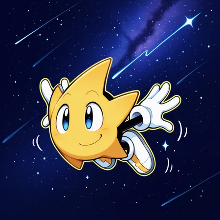 score_9, score_8_up, score_7_up, score_6_up,masterpiece,highly detailed,simple colors,1boy,ristar,white gloves, white shoes, white shoes with yellow lightning logo, flying, shooting star pose, stretchy arms, arms stretched out behind,grabbing,stars,nightsky,milky way,glowing outline, yellow outline,motion lines,smiling,hands by feet,thick outline