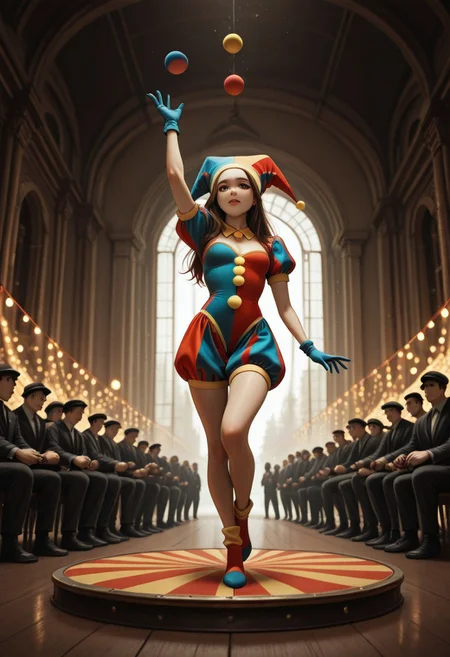 IllusP0s, masterpiece, best quality, amazing quality, newest, very aesthetic, ultra detailed, highres, absurdres, highly detailed, highly detailed background, HDR, 8K, high resolution, muted color, high detail, very awa, BREAK, 1girl, blue eyes, blue gloves, coll-pomni, gloves, hat, jester cap, long hair, puffy short sleeves, puffy sleeves, solo, brown hair, small breasts, BREAK, circus, ((juggling)), arm up, holding, knife, tightrope, balancing, standing on one leg, from below, full body, indoors, circus tent