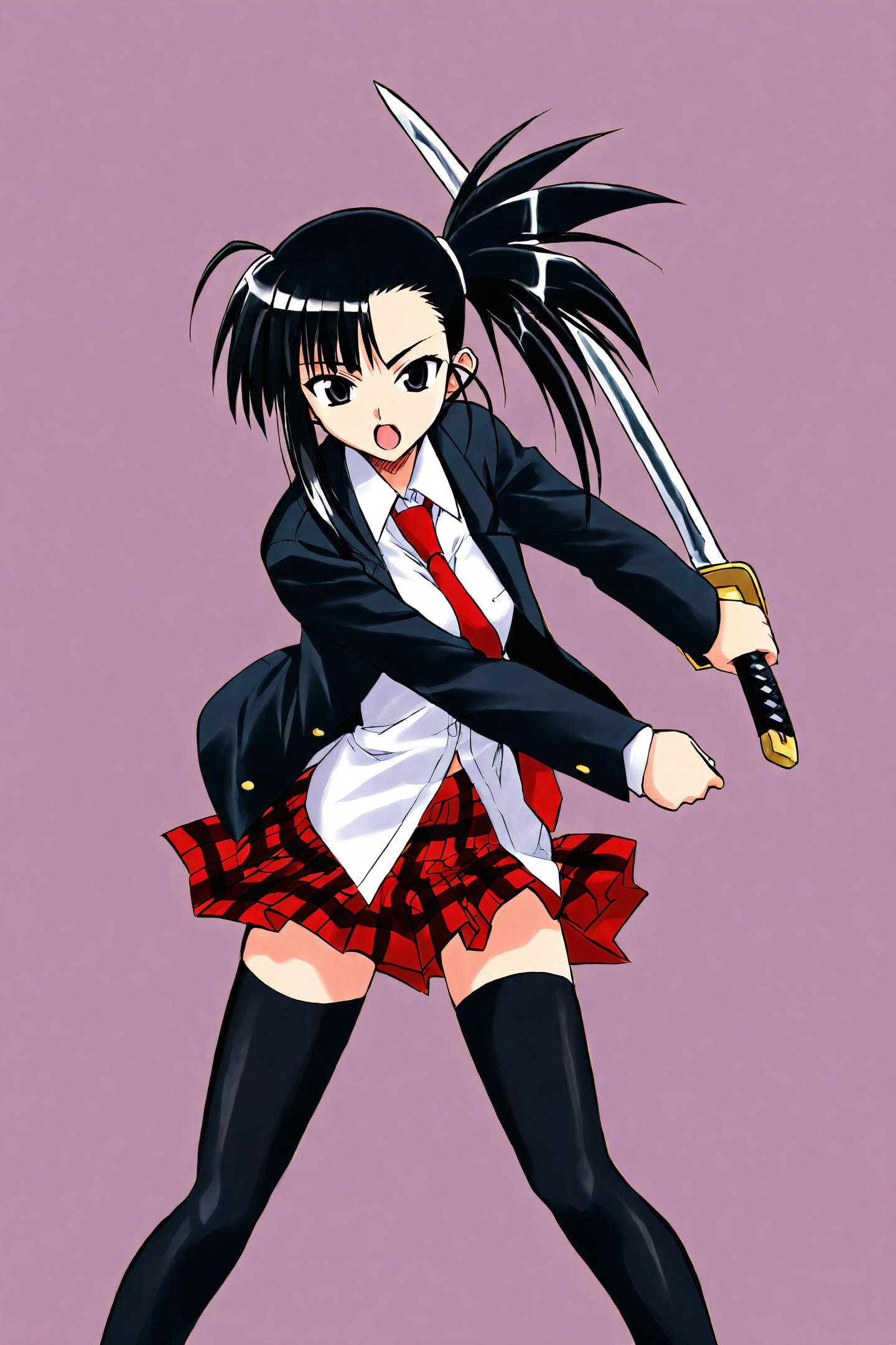 Setsuna Sakurazaki,1girl,solo,thighhighs,weapon,necktie,holding sword,skirt,plaid,plaid skirt,black hair,zettai ryouiki,school uniform,black eyes,black thighhighs,side ponytail,open mouth,shirt,simple background,standing,looking at viewer,
<lora:Akamatsu Ken_XL:0.8>,