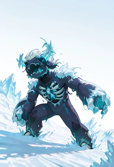masterpiece, best quality, amazing quality, very aesthetic, absurdres, newest, detailed background, foreground blur, volumetric lighting, sharp, 4k, hd, 
warden, glowing horns, standing, solo, monster, open mouth, creature, teeth, no eyes, pokemon (creature), ribs, colored skin, ((wide head, big head,)),, no teeth, no humans, big arms,  no hands, no wrists, wide body, short legs, no teeth, 
, dynamic angle, daytime, snow, Antarctica, ice structure, ice crystals, massive ice constructs , freezing, Frostbite, Frostbite_on_face, pose, ice crystals forming on body, strong blizzard, fighting stance,