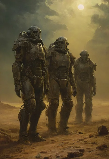Four soldiers in power armor travelers in the post-apocalyptic desert,fallout universe,alienscape,glossy armor,intricate design,corrupted neverland,dramatic sky, dust,wind, bleak,glow,flickering, dark art, dim light, somber, dramatic, high quality, detailed,science fiction,distopia,horror theme,dramatic,thrilling,decay,best quality,masterpiece,dynamic composition,color contrast,primary colors,no gradients,close-up