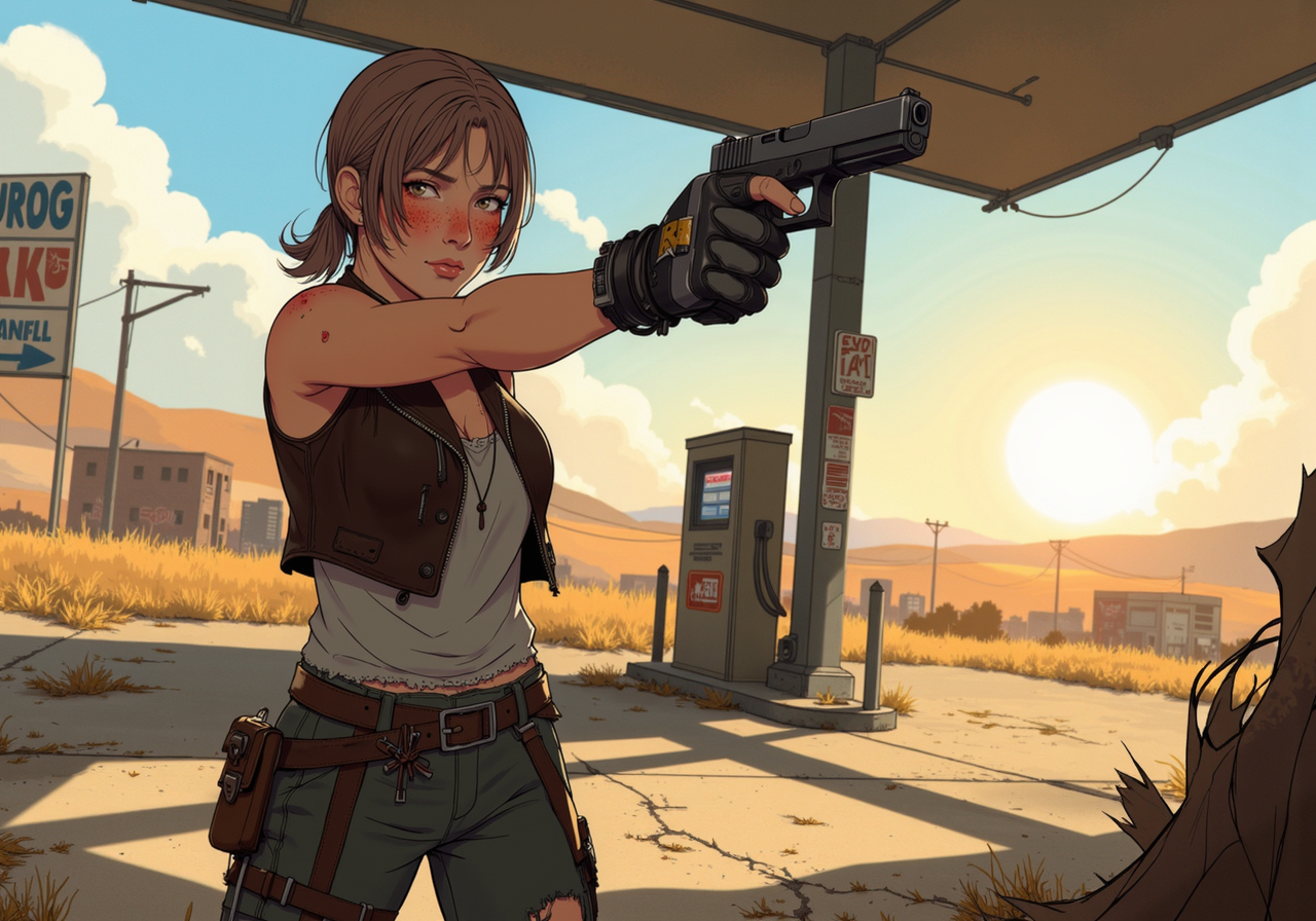 A digital anime artwork in the style of cklg, detailed digital illustration of a young woman aiming G17Model glock handgun, a post-apocalyptic portrait of a young woman with sunburned skin and shoulder-length ash-brown hair tied back with a frayed piece of cloth, her hazel eyes staring intently at the viewer with a mix of defiance and exhaustion; she wears a patched leather vest over a torn, dirt-streaked gray shirt, her pants reinforced with stitched knee pads, and her scuffed boots covered in dust; her weapon is a handmade pistol with a barrel constructed from scrap metal and duct tape, held slightly to the side but ready for use; she stands in the ruins of an abandoned gas station, its cracked signage and rusted pumps surrounded by dry weeds and the remnants of faded graffiti; the late afternoon sun casts long shadows, its orange light glowing faintly through the hazy air, while tiny details like the grime under her fingernails and the rust on her weapon evoke a harsh and unforgiving environment, detailed background<lora:ck-nc-luminal-genesis-000016.safetensors:1.0:1.0> <lora:Glock (G17)_epoch_12.safetensors:1:1>