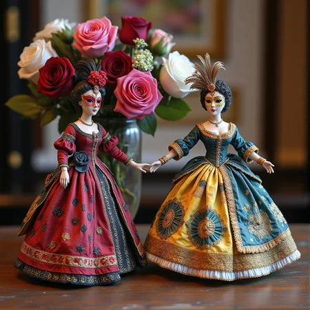 Miniature diorama of a masquerade ball next to a bouquet of roses, detailed digital illustration of a masquerade ball held in a palace, 19th century, colorful dresses, masks, well-dressed women, glamorous, lascivious and somewhat decadent atmosphere, <lora:Flux.1_Turbo_Detailer:0.7>, <lora:Diorama_Flux:0.8>