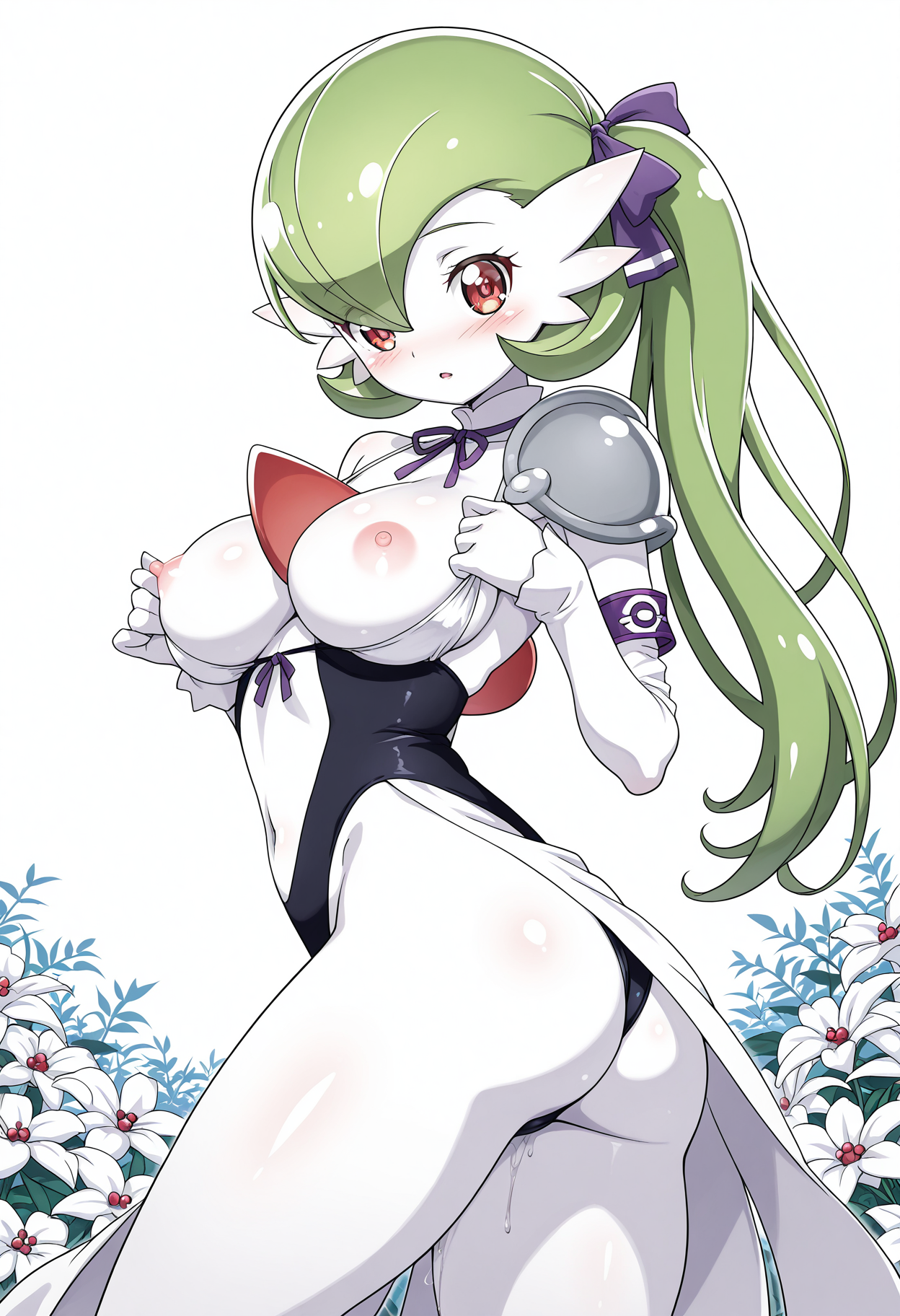 score_9, score_8_up, score_7_up,masterpiece, <lora:Pubic hair slider IXL_alpha1.0_rank4_full_last:-3>, solo, 1girl,
<lora:Kousaka_Jun_Style_Illustrious:1.2>, kousakajun, masterpiece, best quality, (anime eyes in the style of kousakajun:2), illustration, colored lineart
,
(side ponytail, sidelocks, long hair, hair ribbon, purple ribbon, purple ribbon, hair ribbon):1.5, neck ribbon, black leotard, center opening, high collar, single pauldron, single detached sleeve, purple armband, white sleeve, white bikini, bikini top only, navel, groin, pussy juice, (ass, rear view ), sexy pose
, 
garden background, detailed background,
gardevoir_pokemon, white skin, green hair, red eyes 
,   <lora:Thighs slider IXL4_alpha16.0_rank32_full_last:1.4> , erect nipples, showing nipples, big breasts, 1girl , detailed background, lighting, shadows