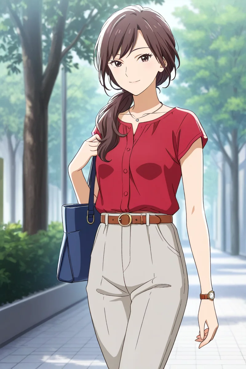 <lora:Add_more_details_pony:0.8> <lora:matsukaze_kanoko_illus_deaimon:1> matsukaze kanoko, 1girl, solo, long hair, looking at viewer, brown hair, shirt, jewelry, standing, cowboy shot, short sleeves, outdoors, day, belt, pants, necklace, bag, tree, red shirt, walking, watch, handbag, shoulder bag, wristwatch, grey pants, outfit 4, side low ponytail, seductive smile, collar shirt,