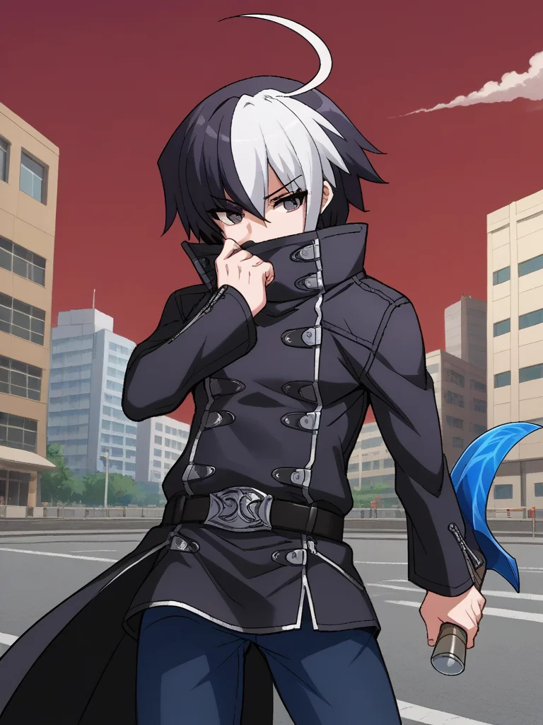 1boy, solo, sethuni, two-tone hair, multicolored hair, black hair, white hair, ahoge, black eyes, black coat, high collar, covered mouth, black belt, blue pants, standing, outdoors, city, red sky, street, cowboy shot, serious, holding, knife, dual wielding