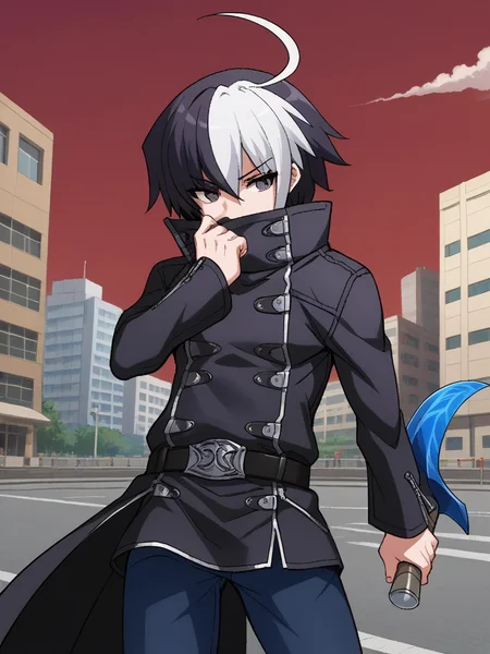 1boy, solo, sethuni, two-tone hair, multicolored hair, black hair, white hair, ahoge, black eyes, black coat, high collar, covered mouth, black belt, blue pants, standing, outdoors, city, red sky, street, cowboy shot, serious, holding, knife, dual wielding