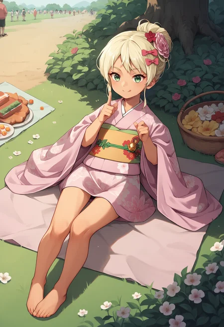 score_9, score_8_up, score_7_up, score_6_up, score_5_up, score_4_up, BREAK, full body, outdoors, festival, lying, smile, 
<lora:grecalev1:1>, grecalekc, blonde hair, green eyes, hair bow, tan, grecalenewyear, pink kimono, flower ornament, floral print, obi, hair bun,