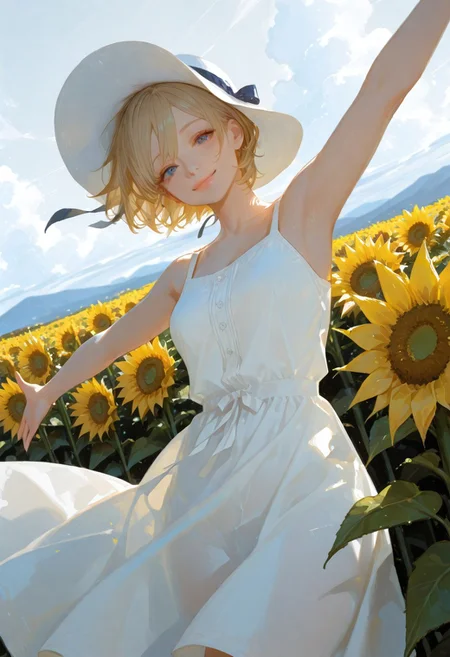 (score_9, score_8_up, score_7_up), white theme, masterwork, masterpiece, best quality, dynamic pose, dynamic angle, (realistic:1.4), (lineless:1.2), detailed, <lora:Detailer_NoobAI_Incrs_v1:0.75>, , aged up, adult, depth of field, blurry, cheekbones, dynamic lighting, high detail, 8k                       girl, kawai girl,Expressiveh, good_hands, best quality,mature woman,               masterpiece, best quality, 1girl, solo, very short hair, blonde hair, small breasts, sundress, white dress, sunflower field, outdoors, wind, spread arms, outstretched arms, tenou haruka, blue eyes, sun hat, (mountainous horizon:0.8), ribbon, hat ribbon, sunflower, cloudy sky, looking at viewer, closed mouth, smile