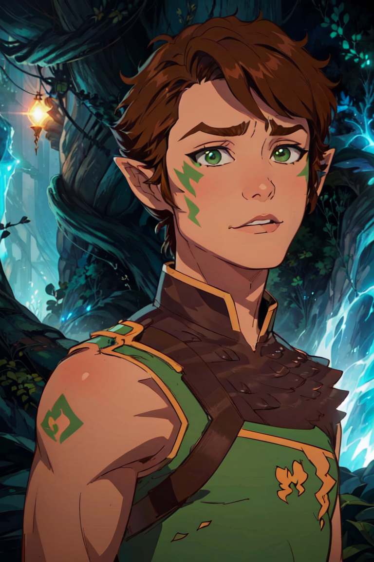 (FarrenLeafshade:1.5), (brown hair, green eyes, short hair), (man, male, boy:1.2), (sharp jawline, man facial features), (realistic:1.2), (masterpiece:1.2), (full-body-shot:1),(Cowboy-shot:1.2), neon lighting, dark romantic lighting, (highly detailed:1.2),(detailed face:1.2), (gradients), colorful, detailed eyes,, (natural lighting:1.2), solo  <lora:LEGOElvesFarren-10:0.95> <lora:add_detail:0.3> <lora:BeautifulEyes:0.6>